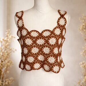 Julia by Loved Crochet Tank Top Brown White Boho Y2K Scalloped Hem Size M